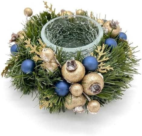 Navy Blue and Gold Christmas, Holiday Hanukkah Candle Holders and Dining table Decorations with Pine needles, on a glass base - Set of 2 - Image 2