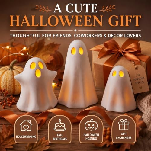 LemonRoad 3 Pcs Halloween Terracotta Ghost Decor Indoor Tealight Holder - Image 6