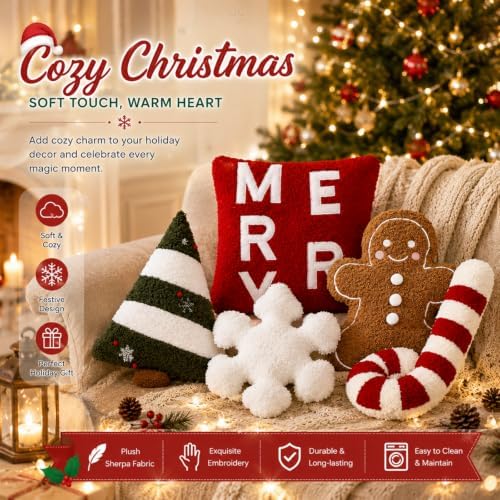Geelin 5 Pcs Christmas Throw Pillows Gingerbread Xmas Tree Snowflake Candy - Image 2