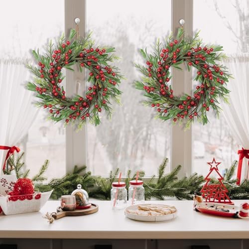 SHACOS Artificial Christmas Wreath 14" Set of 2 Small Winter Wreaths Pine Red Berries Xmas Decoration for Home Window Kitchen Cabinet Door Holiday Wreath, Red Green - Image 6