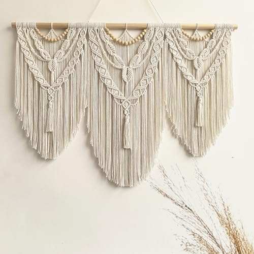 large macrame wall hanging - Boho Tapestry Macrame Wall Decor Art- Chic Bohemian Handmade Woven Tapestry Home Decoration for Bedroom Living Room Apartment Wedding Party - 43"x32" (Wood bead-A) by guzhiou