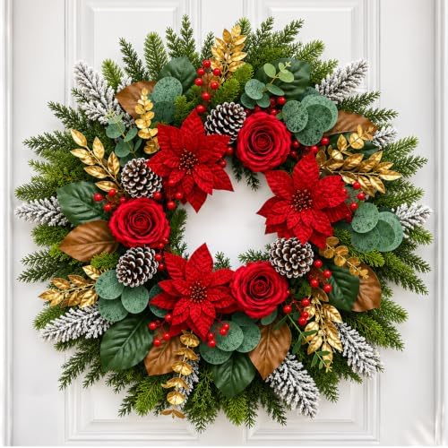 28 Inch Christmas Wreath for Front Door, Red Poinsettia Rose Holiday Wreath by WEYANZE