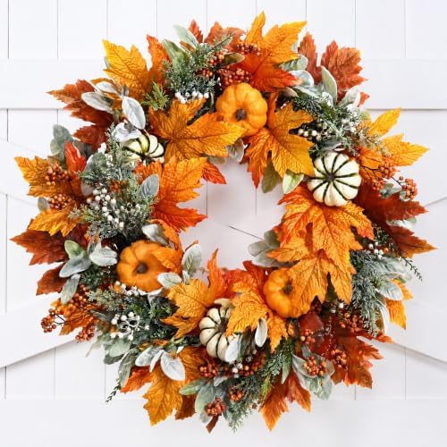 24 Inch Large Fall Pumpkin Wreath for Front Door by Wanfifi