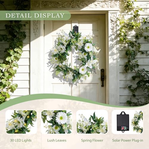Solar Spring Wreath for Front Door 18inch 30LED Pre-lit Wreath Spring Summer Decor White Daisy Artificial Wreaths for Outside Home Decor for All Season Festival Farmhouse Decor - Image 2