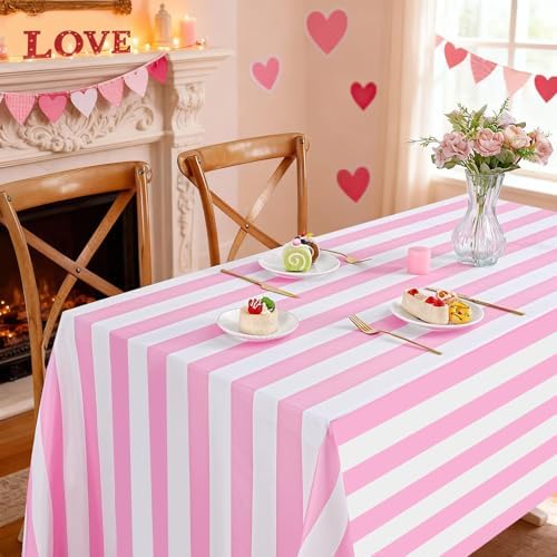 Fanqisi 2 Packs Pink and White Striped Table Cloth 57 x 84 Inches Rectangle Waterproof Tablecloths Romantic Valentines Tablecloth for Wedding Birthday Outdoor Picnic Party Decoration by Fanqisi