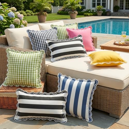 Navy Blue Striped Scalloped Outdoor Lumbar Pillow Covers 12x20 Set of 2 - Image 7