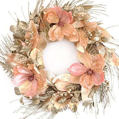 Idyllic 18 Inch Winter and Christmas Magnolia Flowers Gold Glitter Wreath for Home and Front Door Decor, Pink and Gold Magnolia Flower Wreath for Outside All Seasons Spring Indoor Outdoor Decor by idyllic