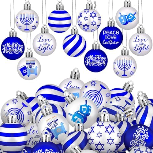 Beeveer 30 Pcs Happy Hanukkah Ornament for Tree Balls Star of David Hanging Ornaments 10 Styles Shatterproof Decorations White Blue Jewish Christmas Balls for Xmas Tree Decoration by Beeveer