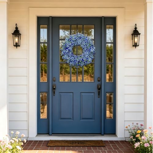 20" Blue Artificial Floral Wreath for Front Door Outside All Seasons - Image 6