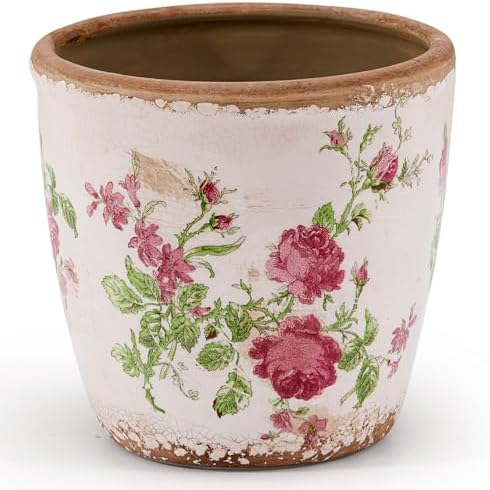 Vintage Ceramic Planter with Drainage Hole, Plastic Tray & Mesh, 6.5 Inch - Indoor/Outdoor Flower Pot, Pink Floral Rustic Farmhouse Design Plant pot for Home, Office & Garden Décor, Ideal Gift by TEWEIQI