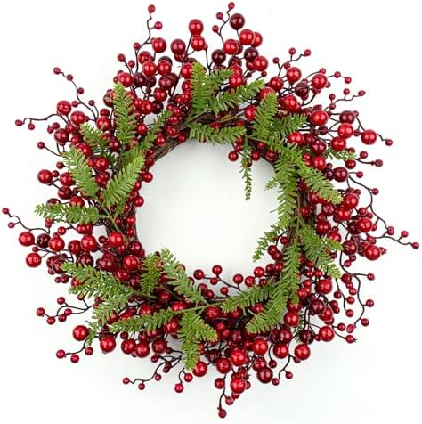 J'FLORU Artificial Christmas Wreath 20 Inch Chirstmas Wreaths for Front Door Red Berry Wreath with Pine Needles for Porch Fireplace Xmas Winter Holidays by JFLORU