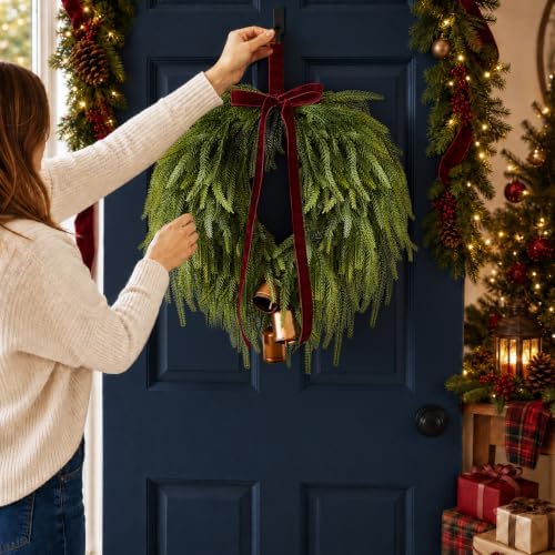 24” Christmas Wreaths for Front Door, Norfolk Pine Wreath Bow Bells - Image 4