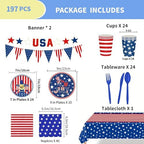 JoyPopper 197 PCS 4th of July Party Supplies Set - 250th Independence Day Decorations with American Flag Paper Plates, Napkins, Cups, Banners & Tablecloth - Serves 24 Guests for Patriotic Celebrations - Image 2