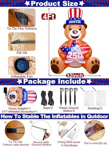 4 Ft Inflatable Uncle Sam Bear with USA 250th Anniversary Star Build-in LED Lights Blow up 4th of July Outdoor Decorations for Home Yard Lawn Garden Independence Day Memorial Day Decor - Image 2