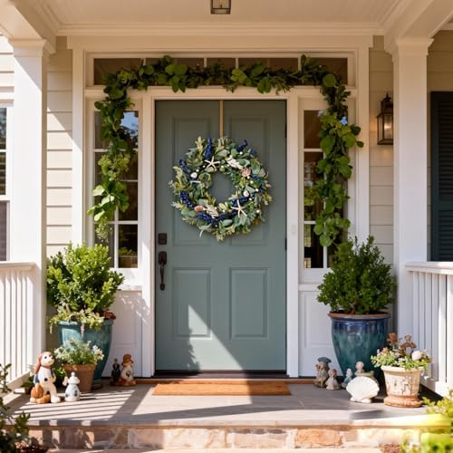 20 Inch Nautical Artificial Wreath with Starfish & Seashells Blue Berry Eucalyptus Wreath for Front Door Coastal Summer Home Decor for Wall/Fireplace - Image 5