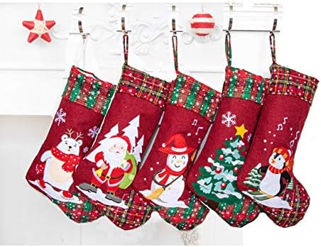LUBOT 5 Pack Christmas Stockings(21inch) Embroidered Linen Applique Burlap Fireplace Hanging Christmas Stocking Ornament for Family Decorations Holiday Xmas Gift - Image 3