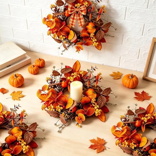 4 PCS Fall Candle Ring Wreaths Artificial Autumn Eucalyptus Candle Wreath with Leaves Berries Flowers Thanksgiving Farmhouse Harvest Wreath Candle Holder for Pillar Candles Table Centerpiece Decor - Image 2