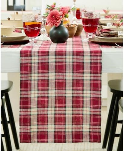 Solino Home 100% Pure Linen Table Runner Burgundy Tartan Plaid, 14 x 144 in by SolinoHome