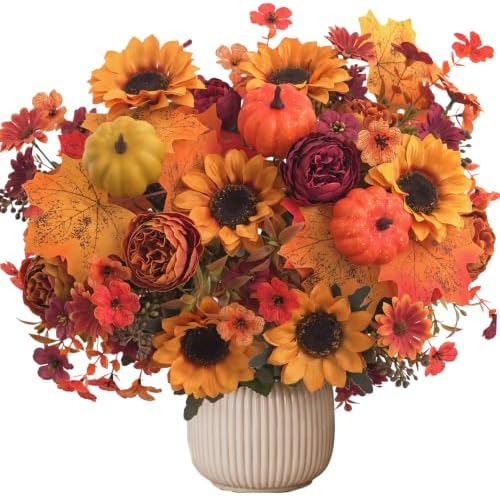 Mixed 12 Pcs Fall Artificial Flowers, Sunflower Peony Bouquet with Maple Leaves Pumpkins, Autumn Faux Floral Arrangements for Table,Thanksgiving, Halloween, Porch Planters, Garden Patio Outdoors Decor by Unknown