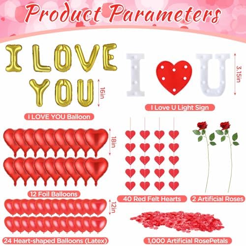 Romantic Anniversary Valentines Day Decorations Bedroom Special Night Decorations with I Love You Light Sign Balloons, Rose Petals, Artificial Roses, Red Heart Strings for Room Hotel Anniversary Decor - Image 2
