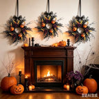 6 Pcs Small Halloween Hanging Wreaths with Orange Mini Pumpkins Purple Roses Black Foliage Yellow Fall Leaves Black Sheer Bow Gothic Mini Cabinet Wreath for Home Kitchen Halloween Party Decor - Image 2