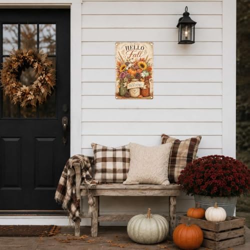 Decorative Tin Sign Vintage Metal Tin Sign Hello Fall Sunflowers Pumpkins Mason Jars Autumn Welcome Wall Decor for Farmhouse Kitchen Entryway 12×16 Inches with Metal Frame - Image 3