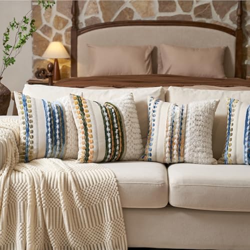 Aeckself Boho Chenille Tufted Throw Pillow Covers 18x18 Inch Set of 2, Farmhouse Decorative Striped Square Pillow Covers Accent Neutral Pillowcase for Living Room Couch Bed, Caramel Brown - Image 5