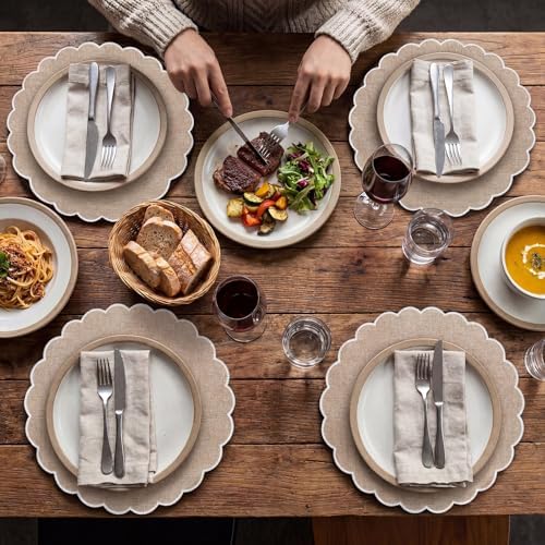 Set of 24 Linen Boho Cotton Placemats 15" Round Scalloped White - Image 6