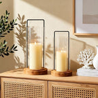 Houmury Set of 2 Hurricane Candle Holders Lantern 12” & 10”with Wood Base Metal Handle Glass Cylinder Modern Farmhouse Decor for Home Decoration, Table Centerpieces (Warm Amber Brown) - Image 2