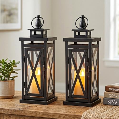 TRIROCKS Set of 2 Deacorative Candle Lantern 11'' High Metal Candle Holder Hanging Lanterns with Tempered Glass Perfect for Indoor Outdoor Home Decor Parties Garden Events Wedding (Black) by TRIROCKS