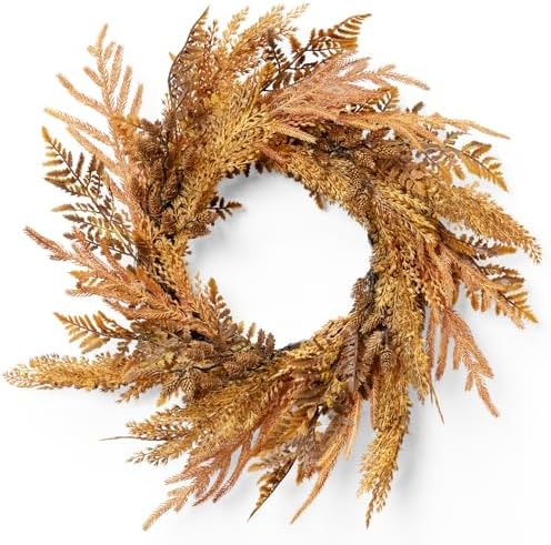 Fall Wreath 16inch, Autumn Fall Door Wreaths with Orange Pine Needle, Light Brown Pinecone,Yellow Wheat, Farmhouse Wreath Decor for Indoor Outdoor Window Wall Christmas Decor by Fuxdre