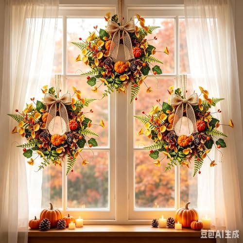 10 PCS Mini Fall Wreaths for Kitchen Cabinets Small Fall Hanging Wreath with Pumpkins Pinecones Berries Eucalyptus Thanksgiving Wreath for Front Door Window Cabinet Farmhouse Decor - Image 5