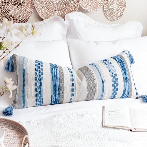 PANOD Boho Long Lumbar Throw Pillow Cover 16 x 36 Blue, Chenille Morocan Extra Long Pillow Case Cover, Decorative Long Pillow for Bed Couch Sofa Farmhouse by PANOD