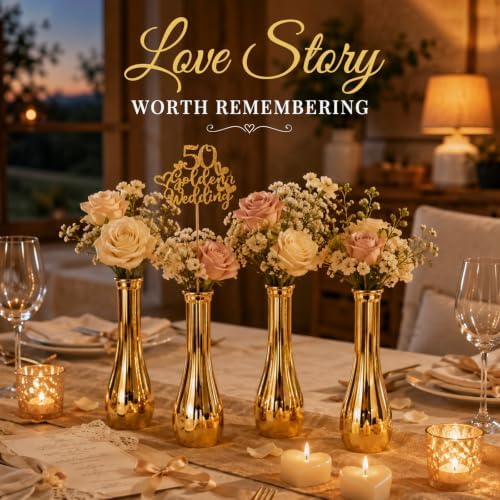 NUPTIO Gold Bud Vases for Centerpiece: 12 Pcs Small Flower Vase for Table - Vintage Skinny Ribbed Vase in Bulk for Wedding Party Home Decor - Image 5