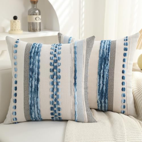 Boho Pillow Covers 18x18 Set of 2 for Couch-Modern Farmhouse Sofa Decorative Blue Throw Pillow Covers Textured Chenille Cushion Covers Outdoor Netural Bohemian Pillow Cases Square by PLEPATE