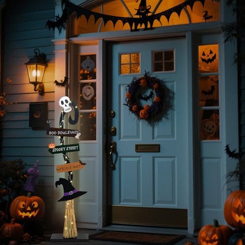 Halloween Decorations |Lighted Witch's Broom Halloween Wooden Porch Sign | Spooky Light Up Witch Decorations Sign for Indoor Outdoor Yard Decor - Image 5