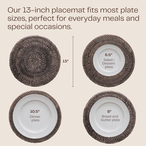 4-Pack Rattan Placemats - 13-inch Round Placemats (Blackwash) - Woven Place Mats, Round Table Mats - Wicker Chargers for Dinner Plates, Plate Chargers Boho - Image 3