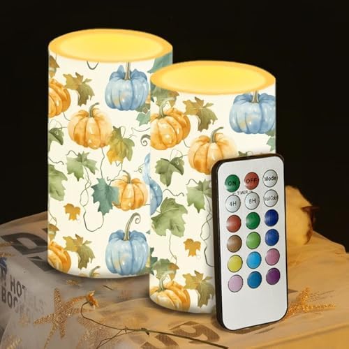 Battery Operated Pumpkin Candle Leaves Fall Flameless Candles LED Table Candles with 18-Key Remote Timer Color Changing for Thanksgiving Holiday Party Home Indoor Room Table Decorations by WelcometoLuarisgur