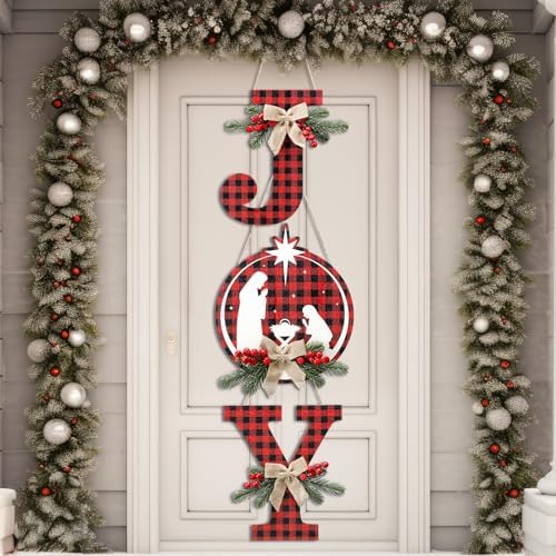 Soaoo 1 Set of 3 Pcs Christmas Joy Sign Buffalo Plaid Christmas Wreaths Rustic Burlap Wooden Hanging Front Door Decorations for Xmas Home Outdoor Window Indoor Porch Holiday Wall Decor Party Supplies by Soaoo