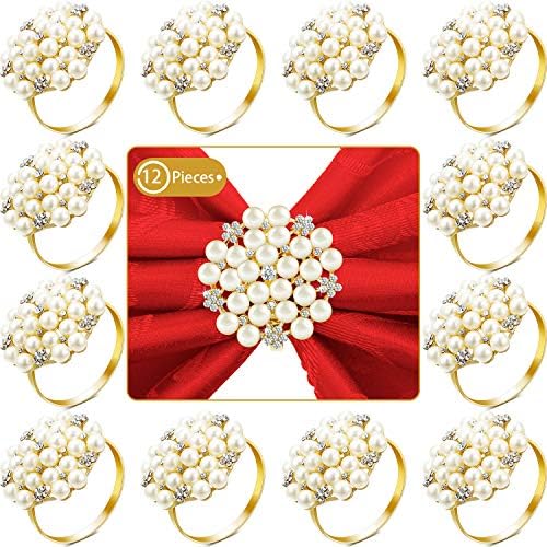 Hotop 144 Pcs Gold Napkin Rings Pearls Round Flower Napkin Buckles by HOTOP