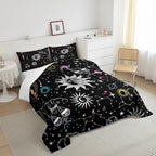 Bohemian Sun Moon Comforter Set Queen Trippy Stars Style Bedding Sets For Kids Teens Zodiac Libra Pattern Duvet Insert Universe Planet Bedding Boho Moon Phase Bedding Comforter Set Home Decor, Black - Image 4