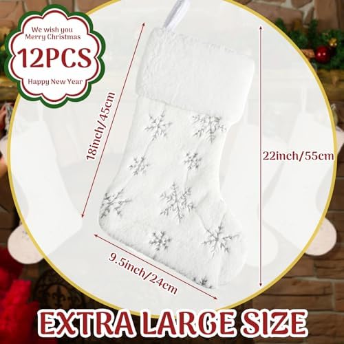 12 Pcs Faux Fur Christmas Stockings 18'' Large Xmas Snowflake Plush Hanging Stocking Glitter Sequin Embroidered Christmas Stockings for Family Fireplace Party Decoration(Beige and Silver) - Image 2