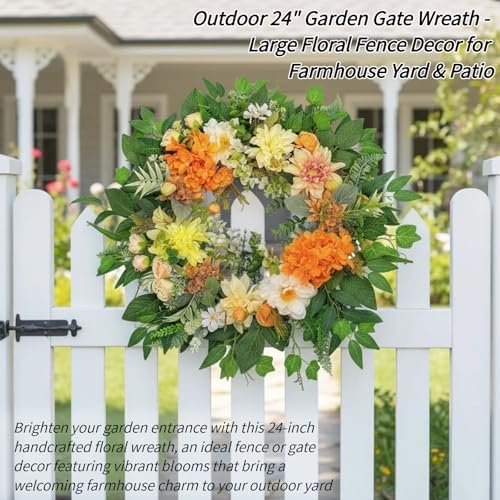 24" Large Wreath for Front Door - Artificial Orange Hydrangea Peony Yellow Dahlia Wreath - Summer Floral Farmhouse Porch Decor, Sun-Kissed Welcome Sign for Wall & Window - Image 4