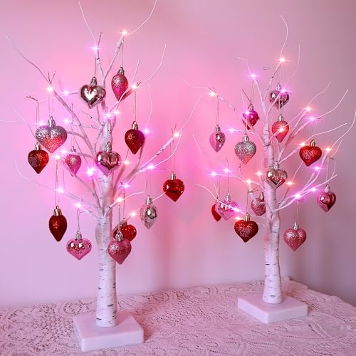 Valentines Day Lighted Birch Trees, 2 Pack with Hanging Heart Ornaments by BringingJoytoEveryCorner-LLCHBYourSourceforEnchantingLightedTrees