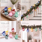 Thenshop 6 Pcs Gingham Plaid Glass Christmas Tree Ornament with Velvet Bow - Image 4