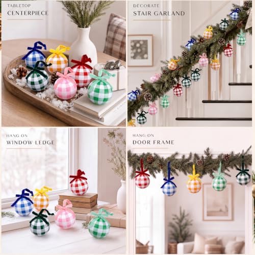 Thenshop 6 Pcs Gingham Plaid Glass Christmas Tree Ornament with Velvet Bow - Image 4