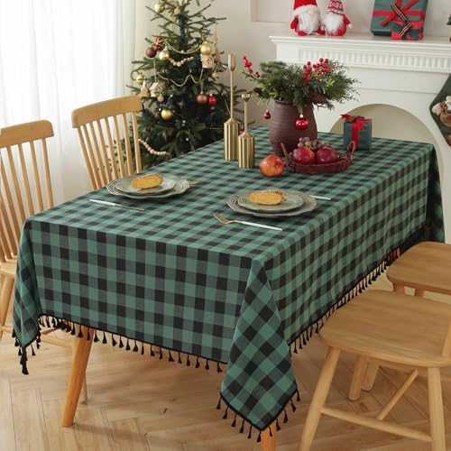 JIALE Gingham Tablecloth Rectangle Cotton Linen Fabric Checkered Table Cloth with Tassel Washable Wrinkle Free Buffalo Plaid Table Cover for Christmas, Party Kitchen Dining, Green and Black, 55x90 by JIALE