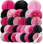 WOLHOWLTD Pink Mouse Paper Decoration Set - 33 Pcs Paper Lanterns, Pompoms, Honeycomb for WeddingValentine's Day,School Day,Bridal Shower,Birthday Party,Home Garden Decoration(Rosy Black Pink) by Unknown