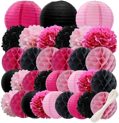 WOLHOWLTD Pink Mouse Paper Decoration Set - 33 Pcs Paper Lanterns, Pompoms, Honeycomb for WeddingValentine's Day,School Day,Bridal Shower,Birthday Party,Home Garden Decoration(Rosy Black Pink) by Unknown