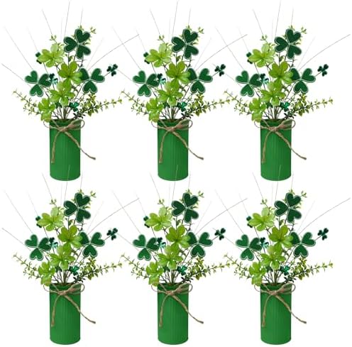 TORONTOKYO 6Pcs St Patricks Day Decorations Artificial Potted Plant Green Shamrock Stems Floral Picks Small Fake Plant for Home Party Table Centerpiece Decor by TORONTOKYO